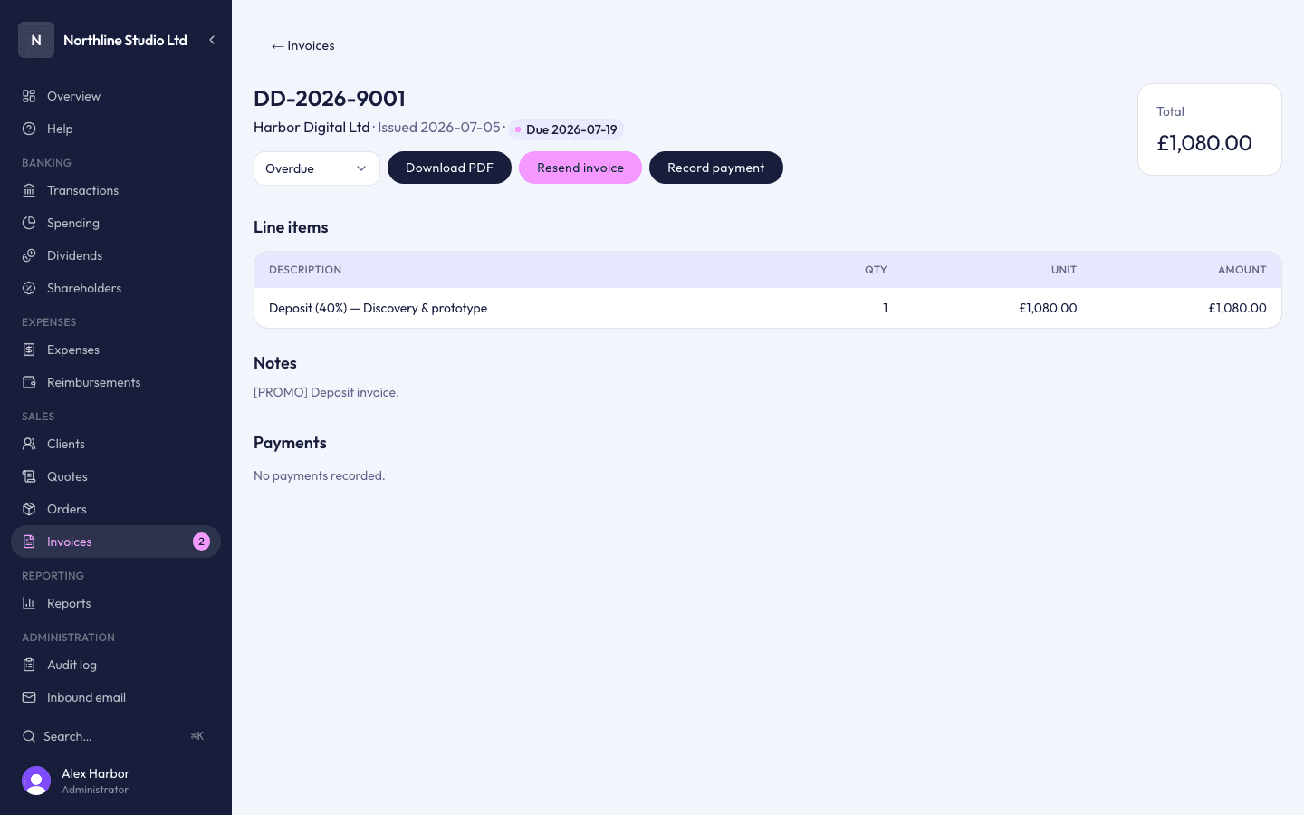 Sent invoice with payment status and line items