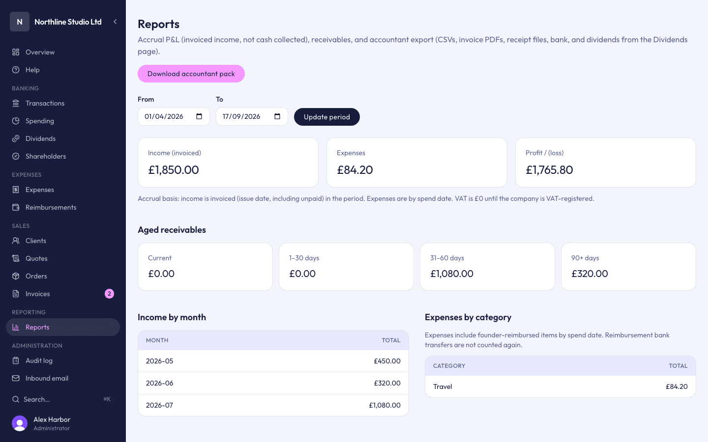 Reports page with accountant pack export
