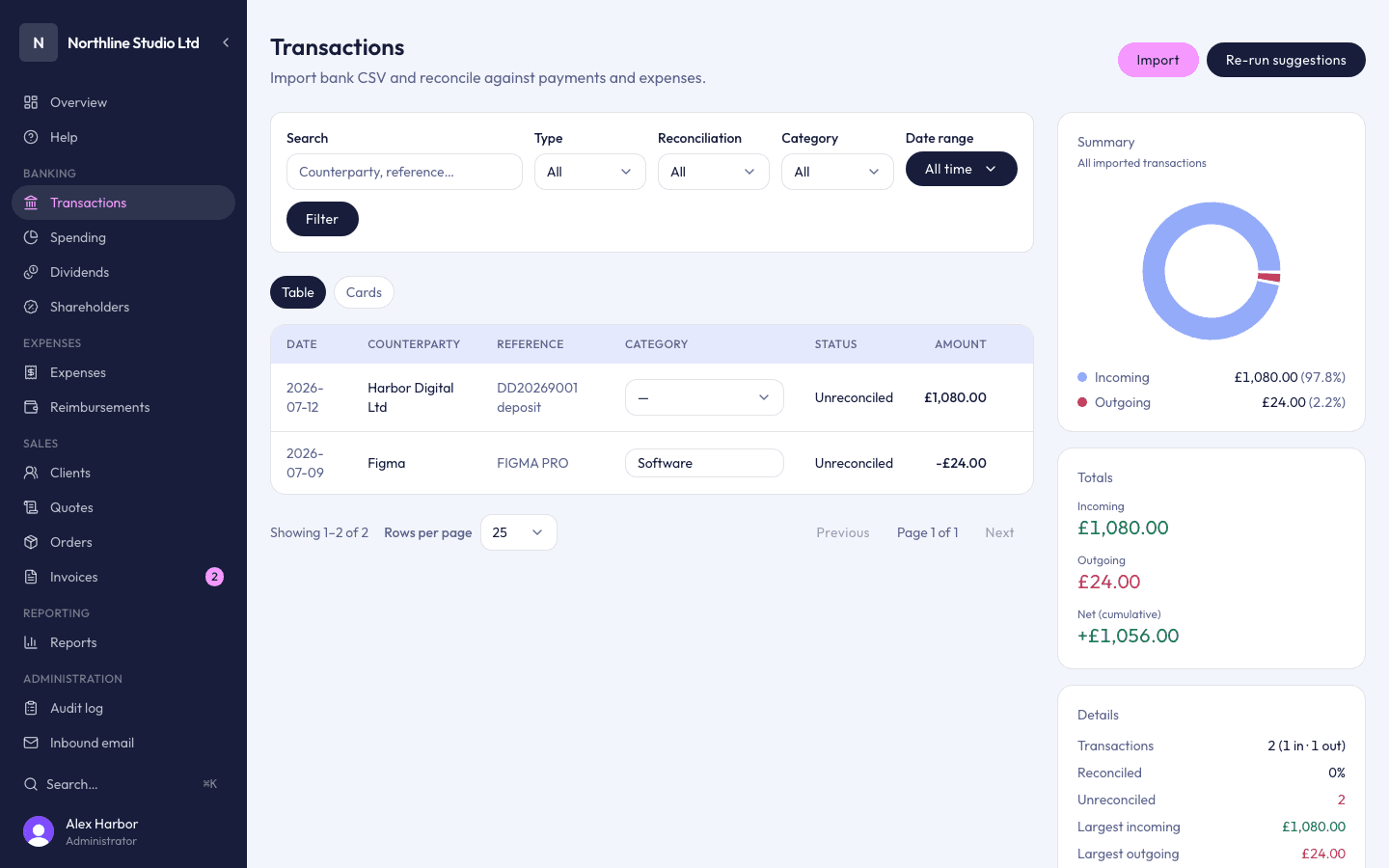 Bank transactions list with suggested invoice matches